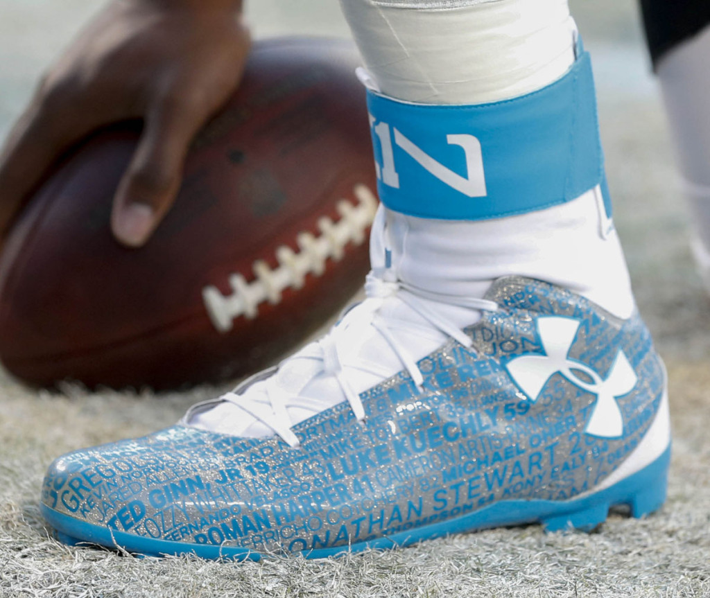 Jan 24, 2016; Charlotte, NC, USA; General view of the cleats of Carolina Panthers quarterback Cam Newton (1) on the field during warm-ups prior to the NFC Championship football game between the Carolina Panthers and the Arizona Cardinals at Bank of America Stadium. Mandatory Credit: Jason Getz-USA TODAY Sports